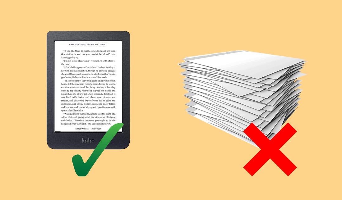 تصویر نشان می‌دهد که استفاده از کتابخوان الکترونیکی راه حل درست تری نسبت به کاغذ است