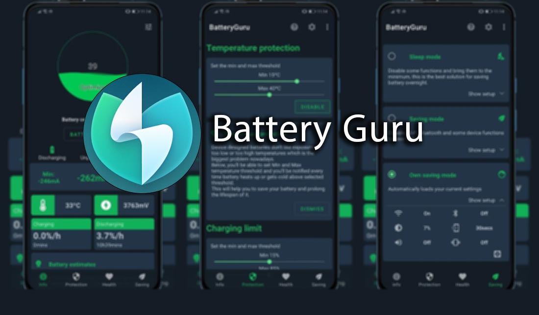 نمایش فضای داخلی Battery Guru به همراه نمایش لوگو و اسم برنامه