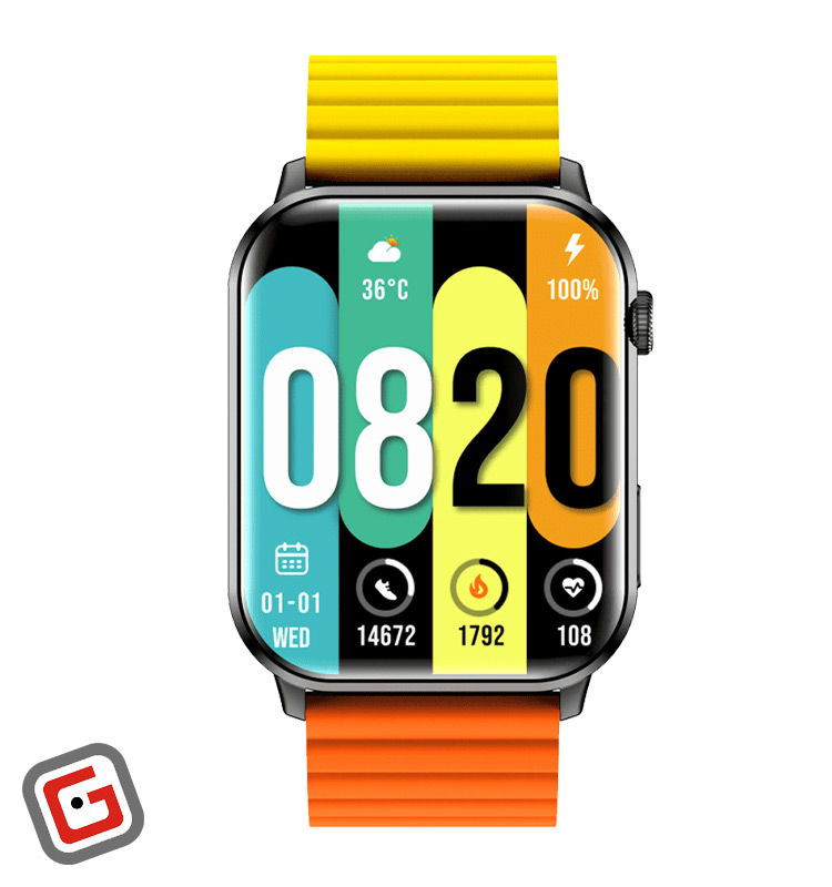 ساعت هوشمند شیائومی کیسلکت Ks از نمای جلو، رنگ نقره‌ای با بند نارنجی-زرد