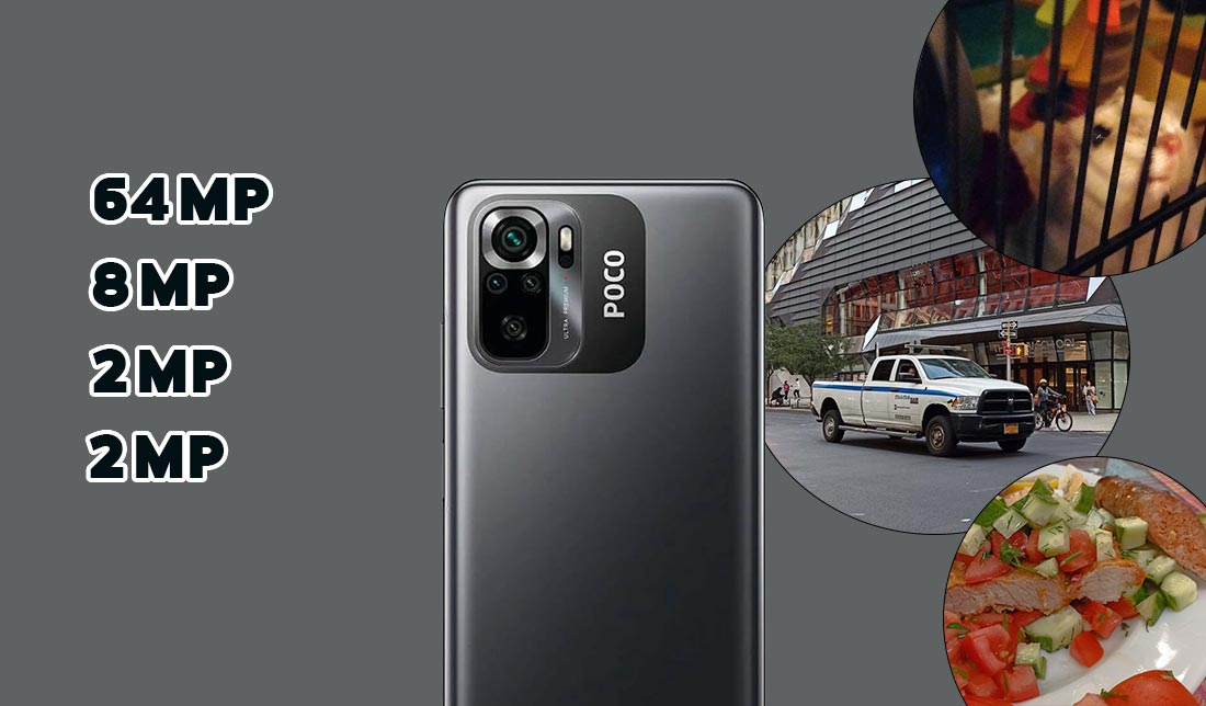 نمای نزدیک و از پشت گوشی پوکو m5s در کنار تصاویر گرفته شده با این گوشی