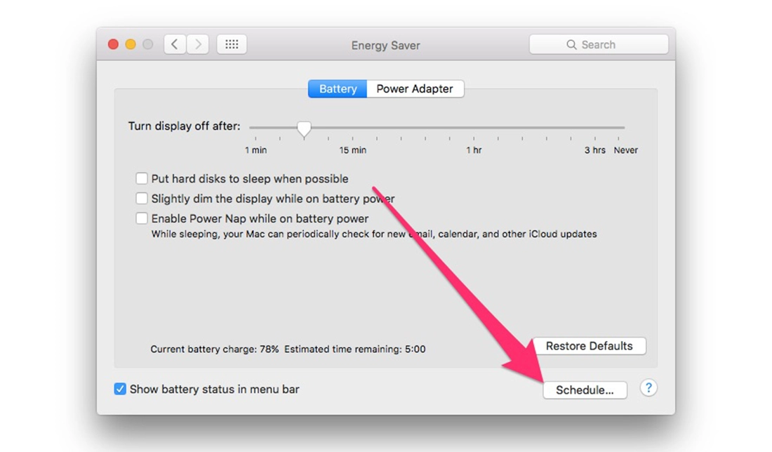 آموزش وارد شدن به بخش Schedule در قسمت باتری در سیستم‌عامل مک