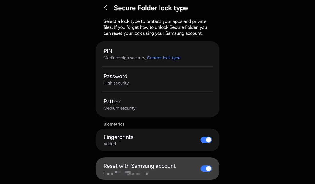 نمایش بخش انتخاب قفل امنیتی Secure Folder