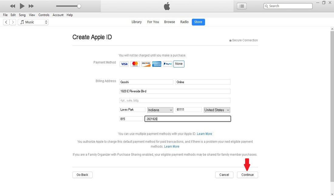 اسکرین‌شات آخرین مرحله ساخت اپل آی‌دی از طریق نرم‌افزار iTunes