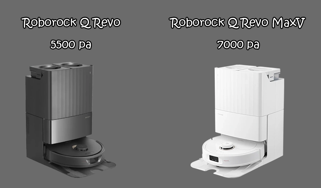 نمایش جاروبرقی رباتیک Roborock Q Revo MaxV و Roborock Q Revo در کنار هم در کنار نمایش قدرت مکش هر جاروبرقی