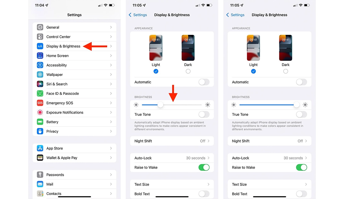 مسیر Settings > Display & Brightness در آیفون