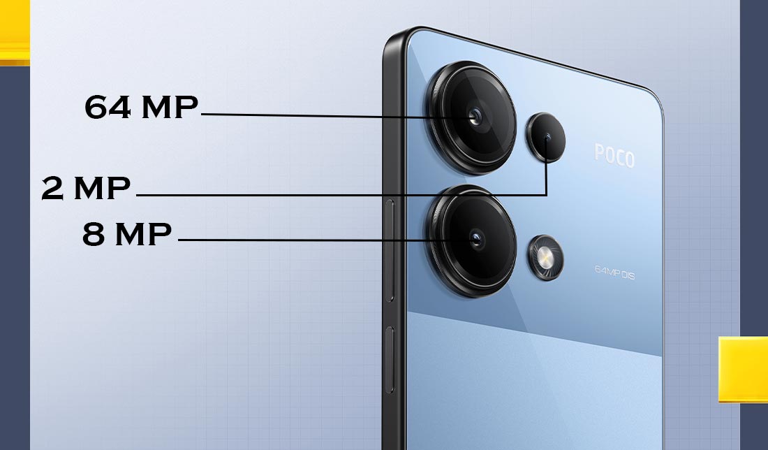 نمایش ظرفیت های دوربین گوشی پوکو M6 پرو در کنار نمایش گوشی در رنگ آبی