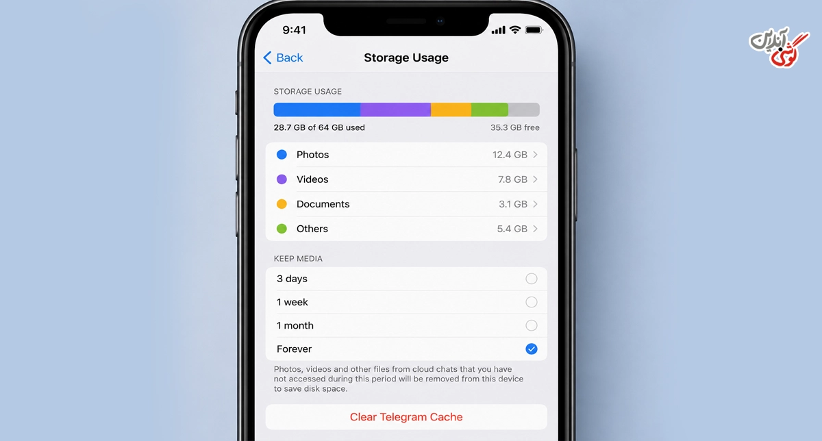تصویری از بخش Storage Usage (استفاده از فضای ذخیره‌سازی) در تنظیمات Telegram