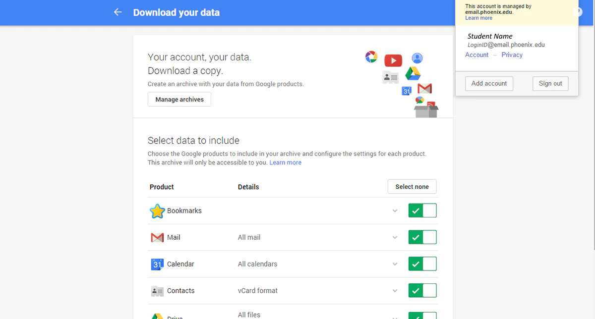 تصویری از صفحه Google Takeout