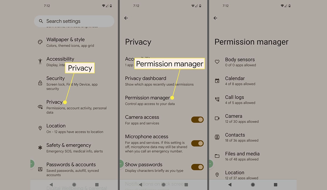 نمایش دسترسی به بخش "Permissions" در گوشی موبایل