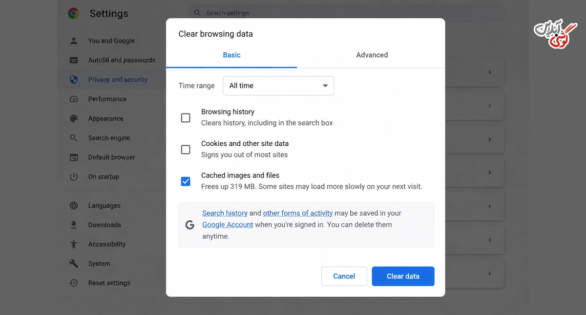 تصویری از صفحه Clear browsing data (پاک کردن داده‌های مرور) در Google Chrome