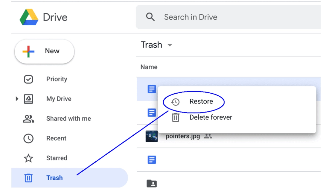 نمایش بخش trash در Google Drive در سامسونگ