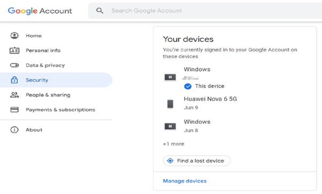 تصویر بخش امنیت اکانت گوگل از دستگاه های متصل