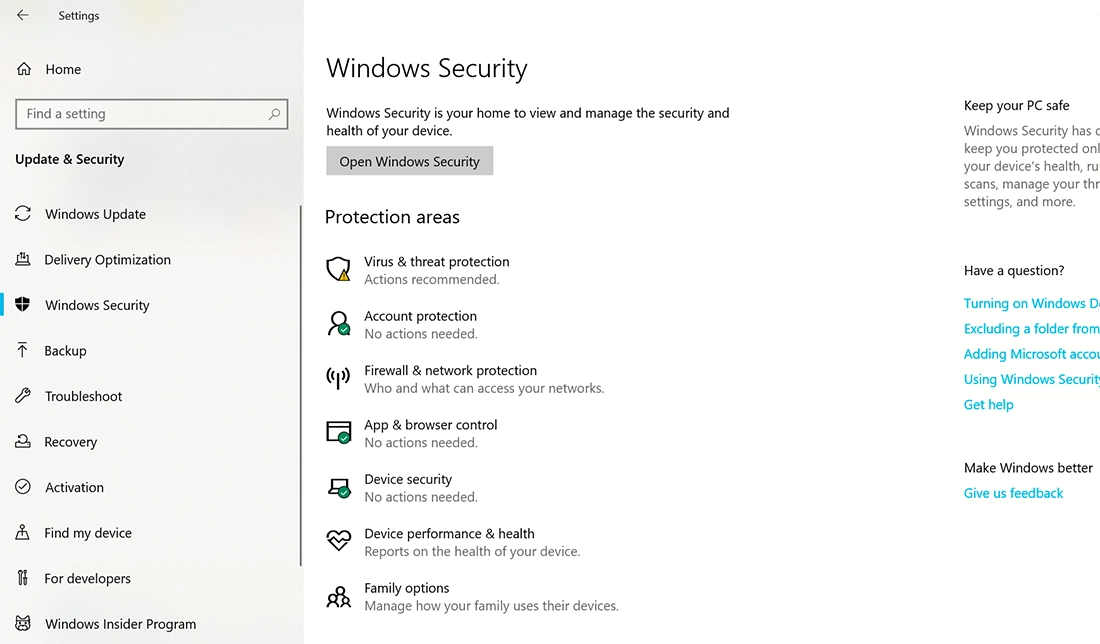 نمایش بخش Windows Security در ویندروز 10