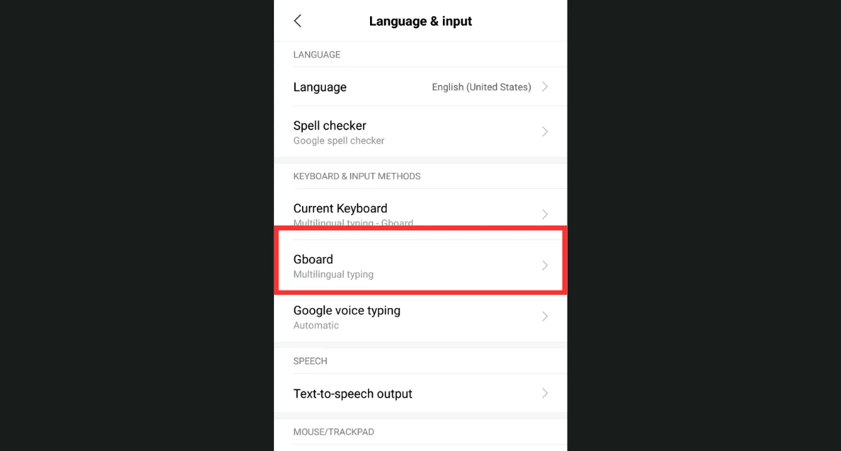 نمایش بخش Gboard در تنظیمات زبان ورودی گوشی شیائومی