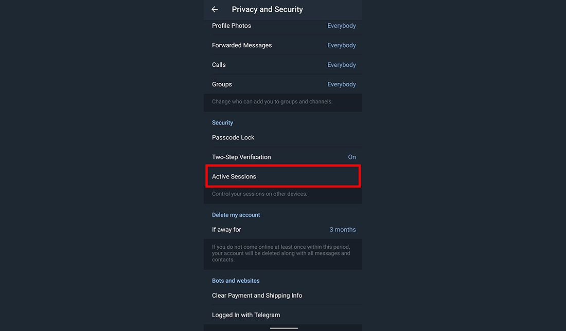آموزش دسترسی به بخش Active Sessions در تلگرام