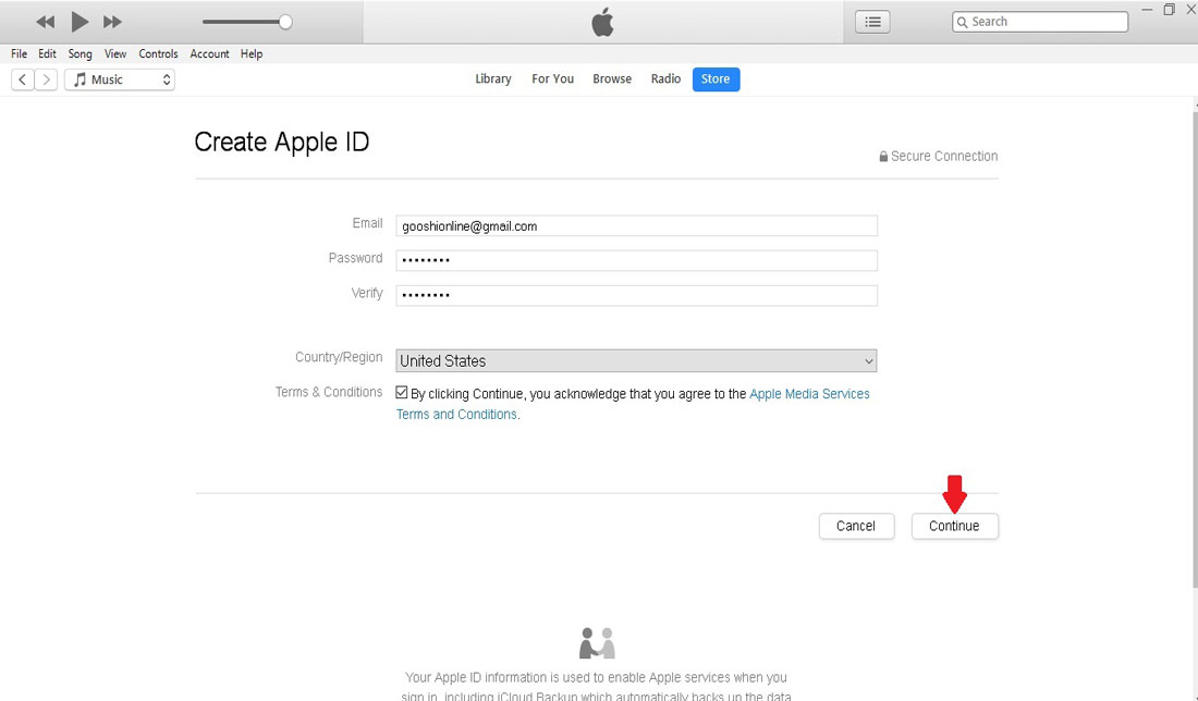 اسکرین‌شات ششمین مرحله ساخت اپل آی‌دی از طریق نرم‌افزار iTunes