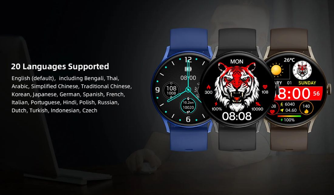 ساعت هوشمند imiki tg1 در رنگ‌های آبی،مشکی و طوسی همراه با لیست زبان‌های قابل دسترس