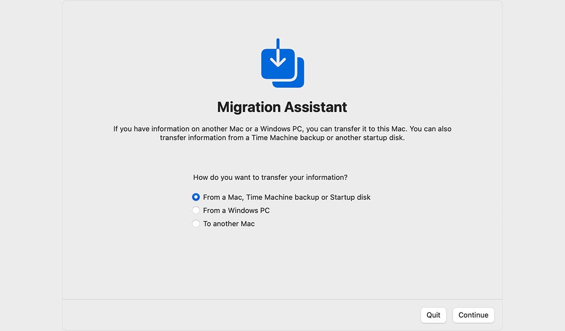 نمایی از برنامه نرم‌افزار Migration Assistant