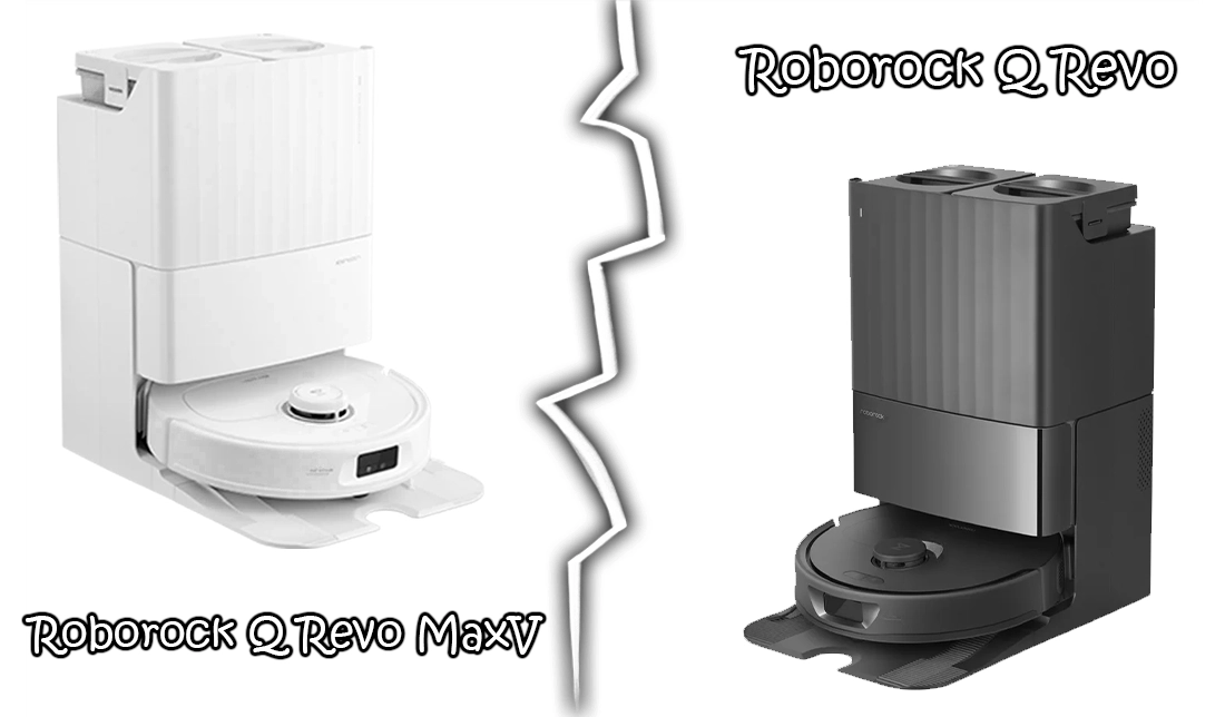 نمایش جاروبرقی رباتیک Roborock Q Revo MaxV و Roborock Q Revo در کنار هم به همراه اسم محصولاتپ