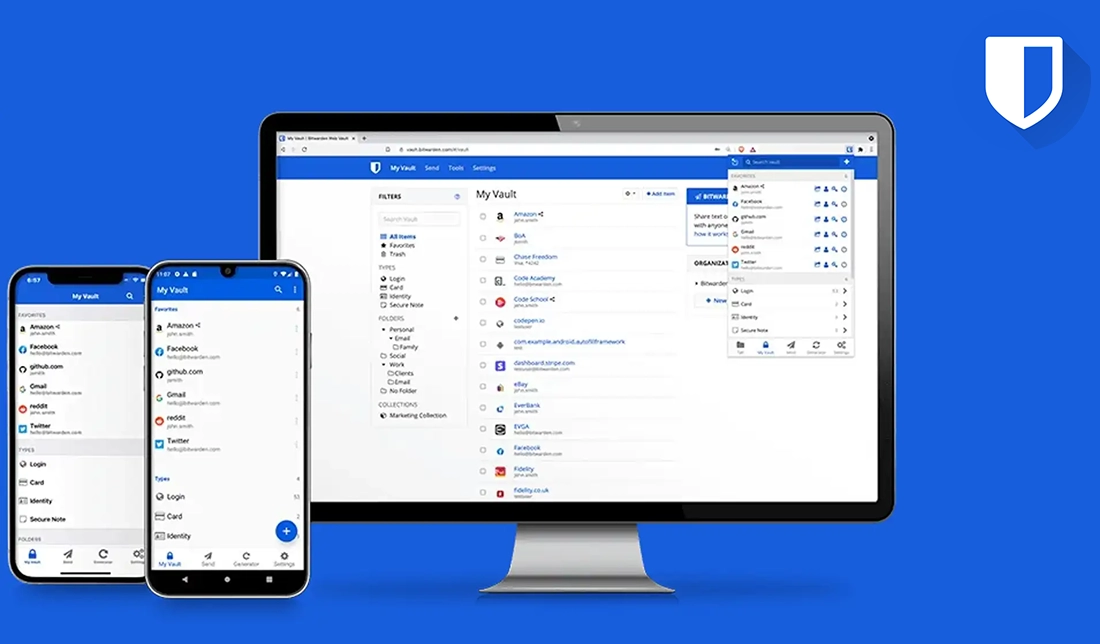 نمایش محیط برنامه مدیریت پسورد Bitwarden روی موبایل و دسکتاپ