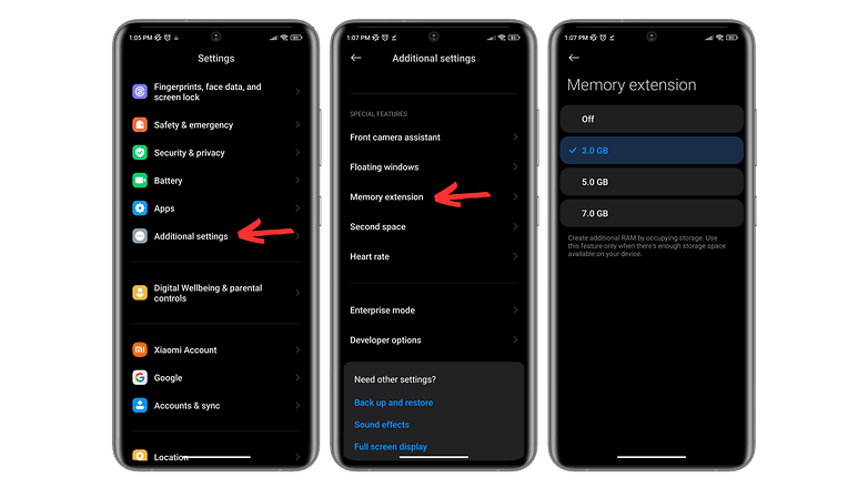 اسکرین‌شات تنظیمات افزایش حافظه رم گوشی‌های شیائومی