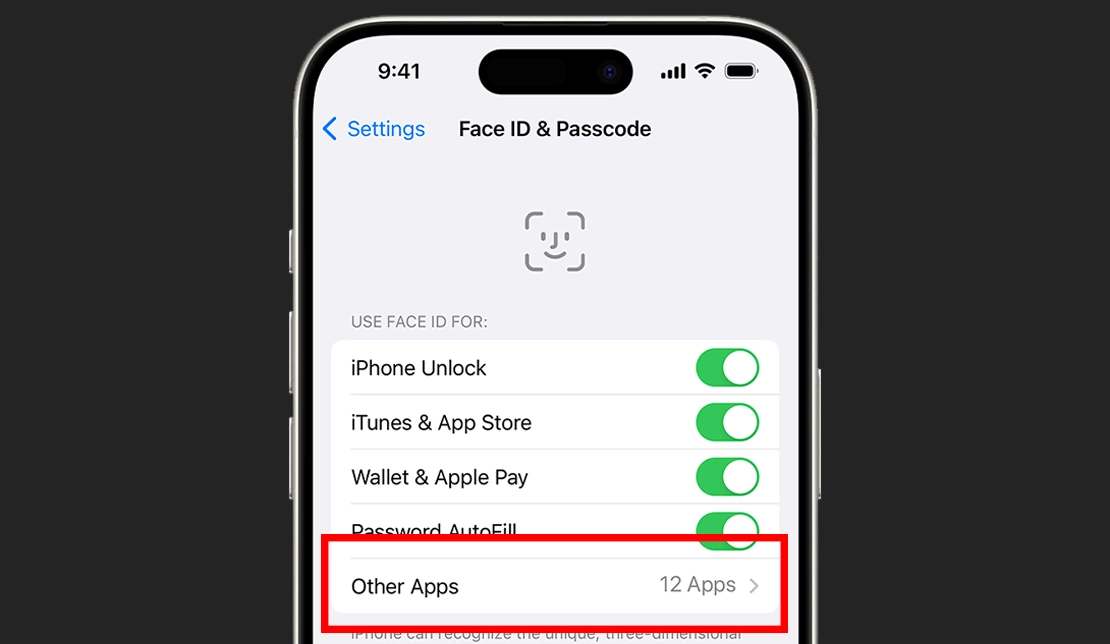 نمایش گزینه "Other Apps" در بخش فیس آیدی در تنظیمات آیفون