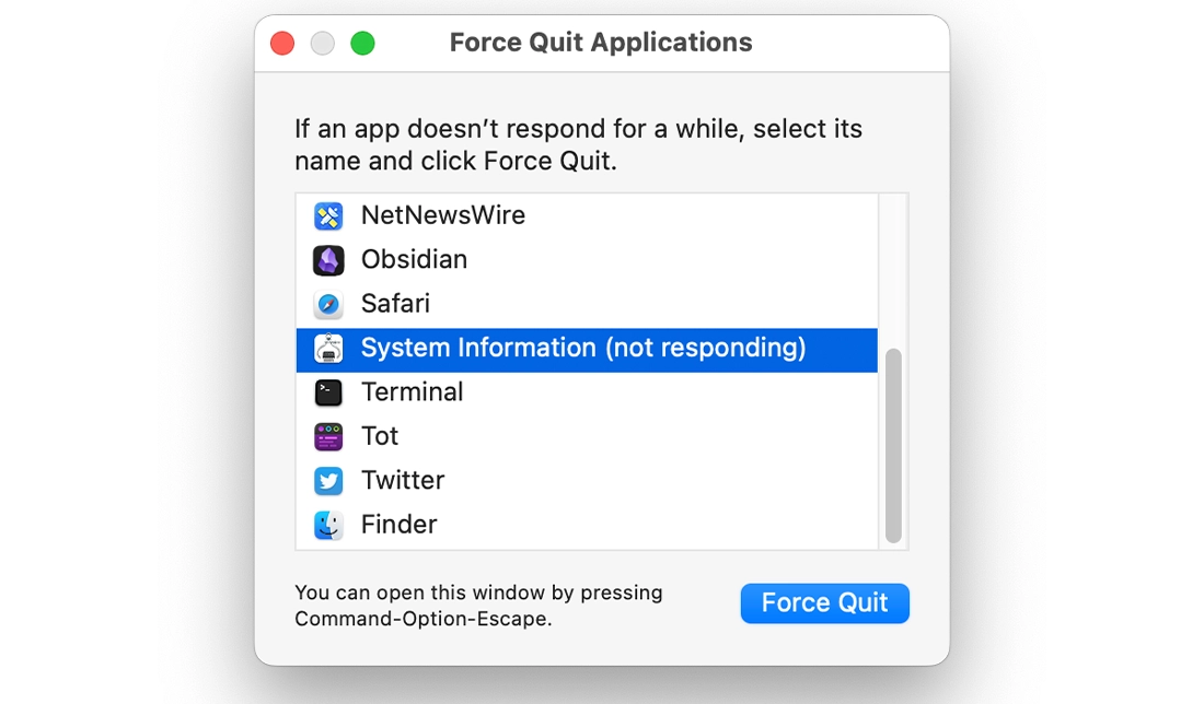 نمایی از بخش  Force Quit در سیستم‌عامل مک