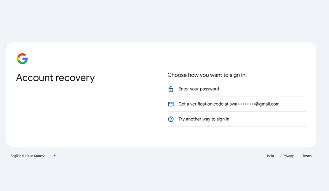 نمایش صفحه Google Account Recovery برای بازیابی رمز جیمیل