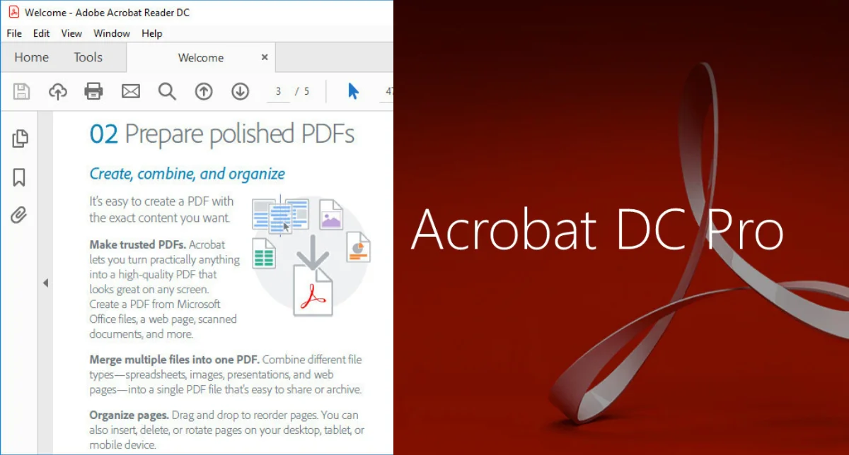 نمایشی از لوگو و فضای داخلی برنامه Adobe Acrobat Pro DC