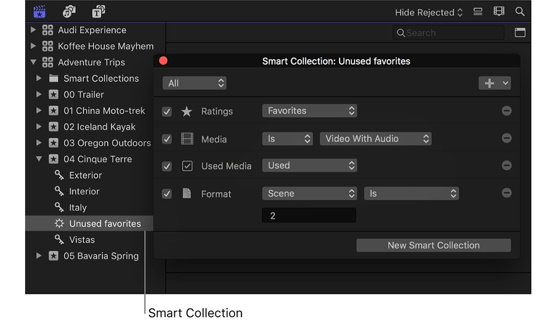 نمایش بخش Smart Collection در برنامه فاینال کات پرو