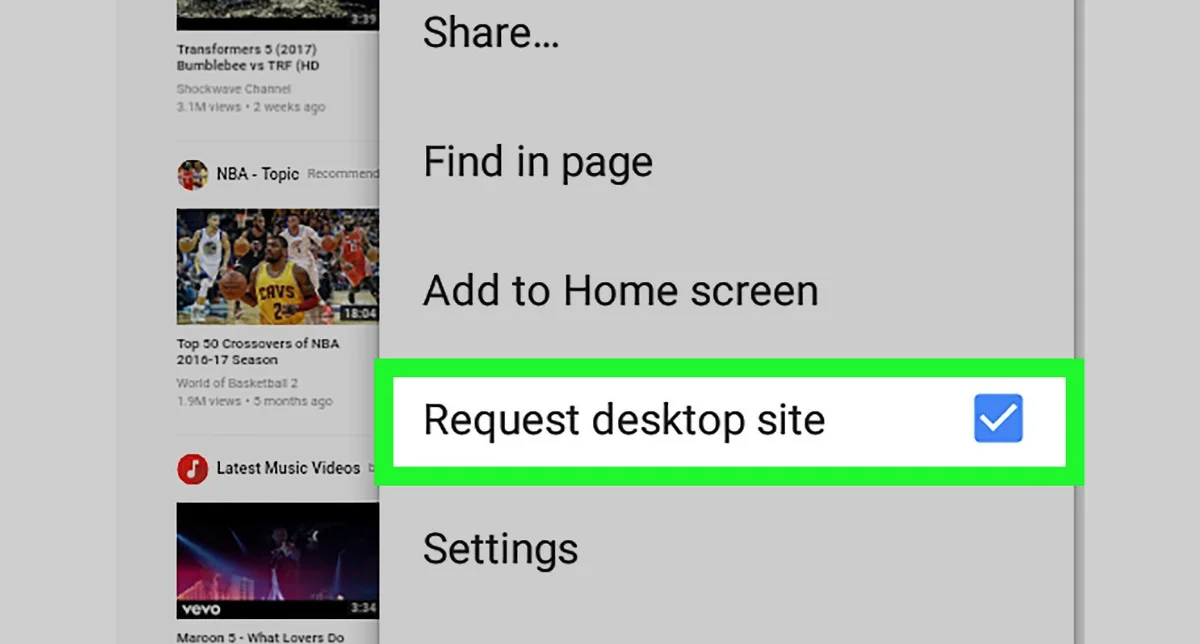 نمایش گزینه "Request Desktop Site" برای پخش ویدیو در یوتیوب با صفحه خاموش