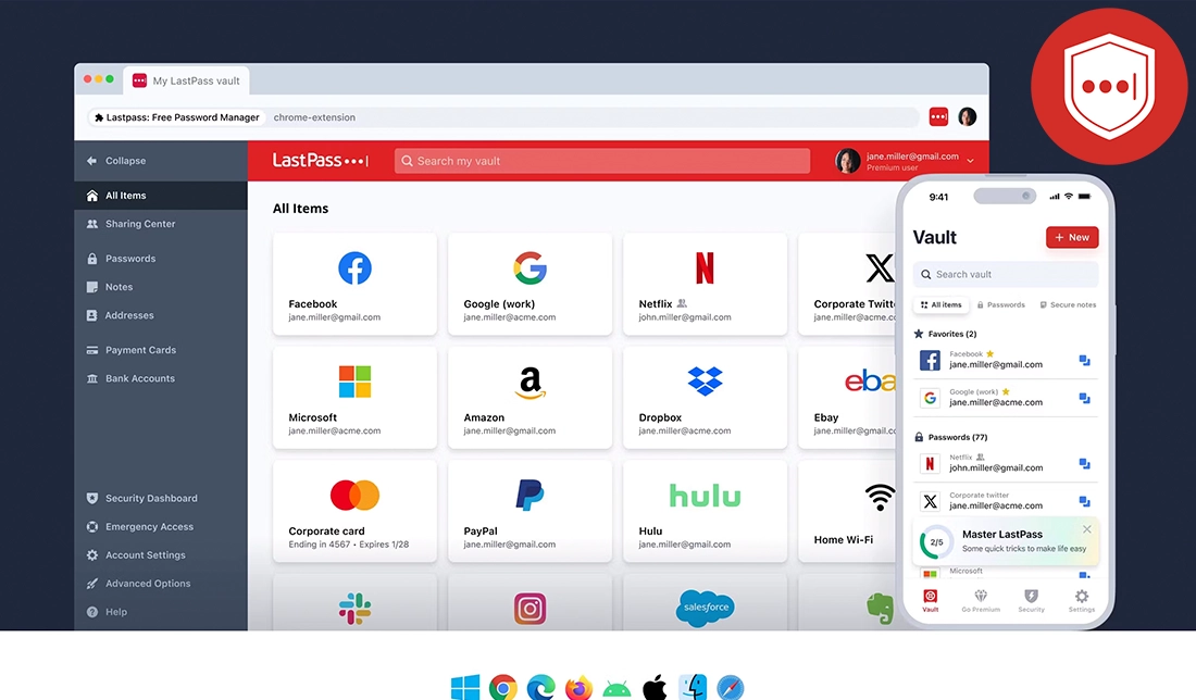 نمایش فضای کاربری برنامه مدیریت پسورد LastPass