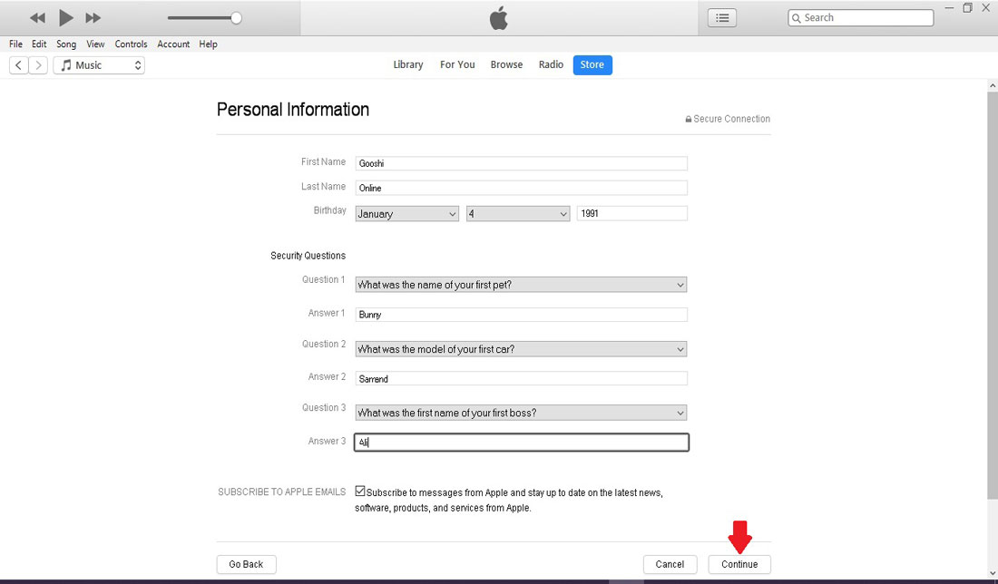 اسکرین‌شات هفتمین مرحله ساخت اپل آی‌دی از طریق نرم‌افزار iTunes