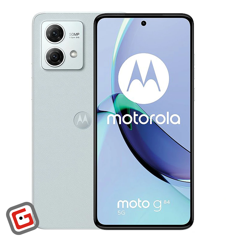 گوشی موبایل موتورولا مدل Moto G84 5G، رنگ آبی روشن، نمای جلو و پشت