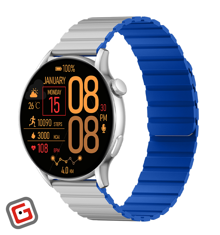 ساعت هوشمند گلوریمی مدل M2 Max با بند نقره‌ای/آبی