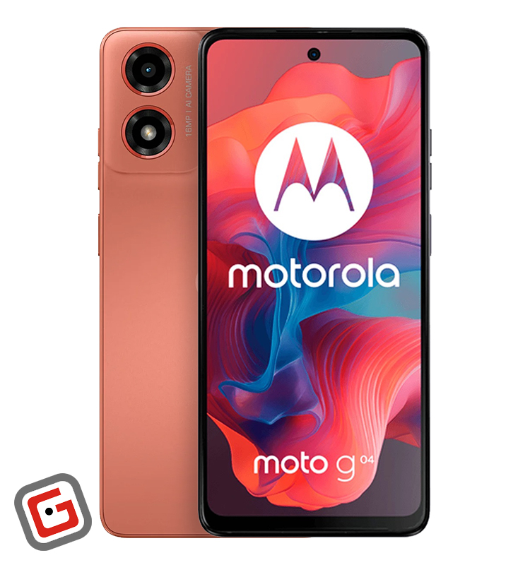 گوشی موبایل موتورولا Moto G04 رنگ نارنجی از نمای پنل نمایشگر و پشت در کنار هم