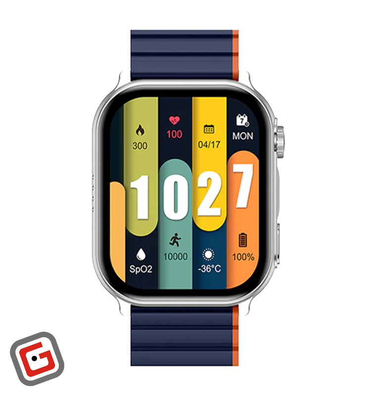 ساعت هوشمند شیائومی کیسلکت Ks Pro از نمای جلو، رنگ نقره‌ای با بند آبی-نارنجی
