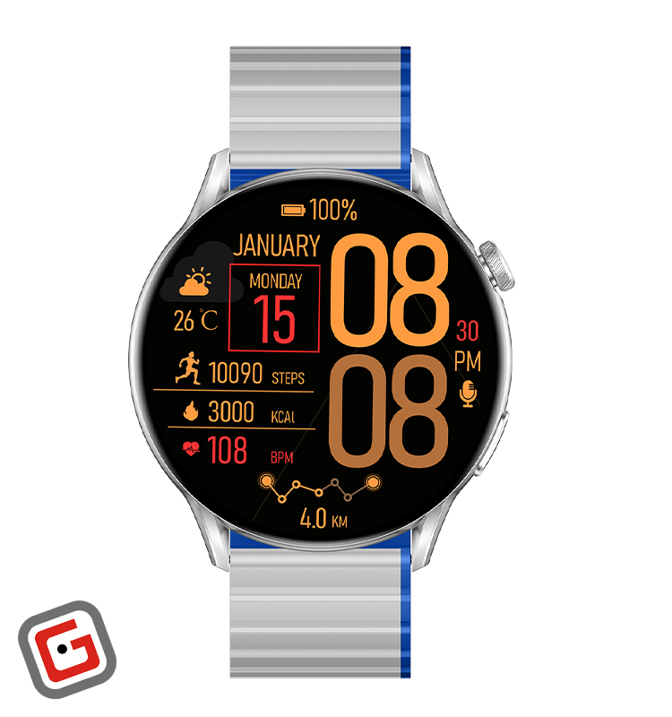 ساعت هوشمند گلوریمی مدل M2 Max با بدنه‌ آبی و بند‌ نقره‌ای