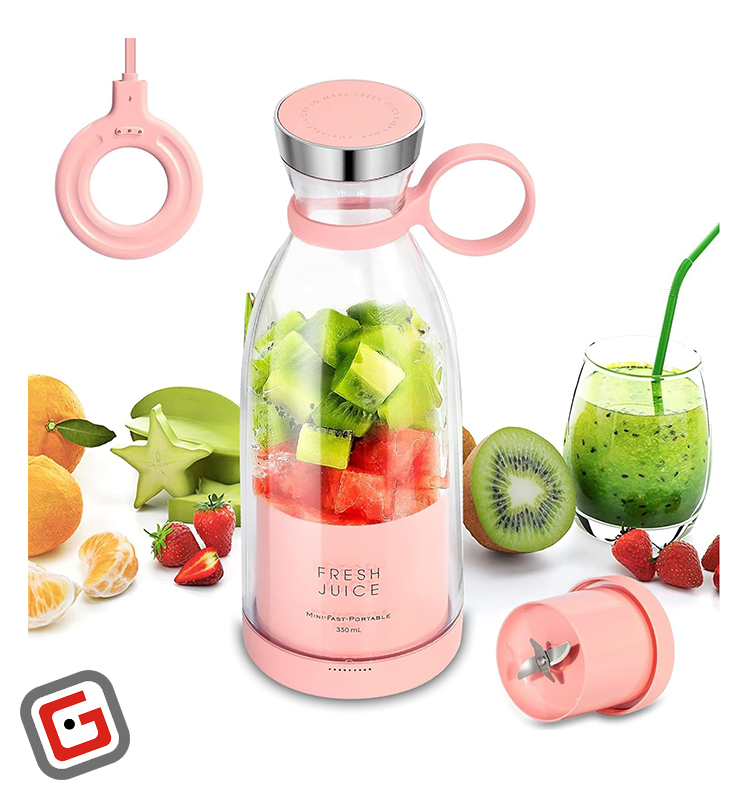 مخلوط‎‎‎‎‎کن قابل حمل Fresh Juice ظرفیت 350 میلی‎‎‎‎‎لیتر رنگ صورتی در کنار بند و تیغه مخلوط کن