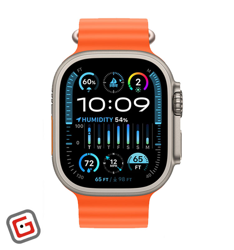 ساعت هوشمند هاینو تکو مدل H2 Ultra Max در رنگ تیتانومی با بند نارنجی از نمای روبه‌رو