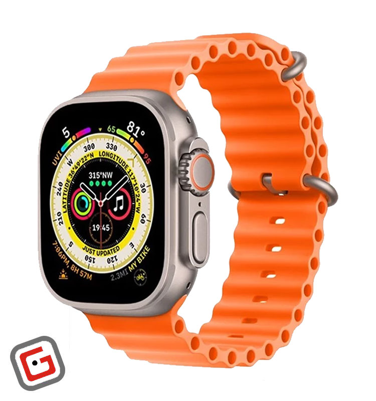 ساعت هوشمند هاینو تکو مدل H2 Ultra Max در رنگ تیتانومی با بند نارنجی از نمای سه رخ